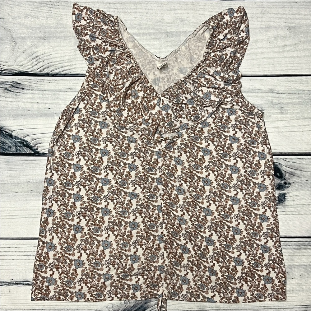 Kate Quinn Ditsy Floral Ruffled V Neck Ruched Sleeveless Top M